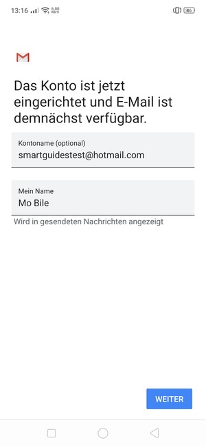 Geben Sie Ihrem Konto einen Namen und geben Sie Ihren Namen ein. Wählen Sie WEITER