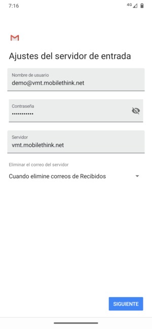 Introduzca Nombre de usuario y la dirección de servidor entrante. Seleccione SIGUIENTE
