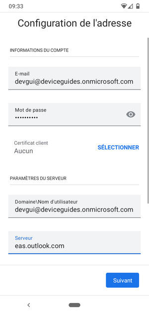 Saisissez votre Nom d'utilisateur et l'adresse du serveur Exchange. Sélectionnez Suivant