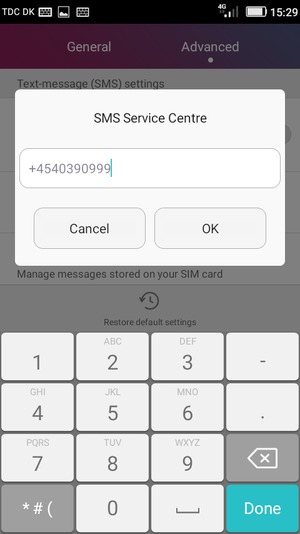 Enter the SMS Service Centre number and select OK