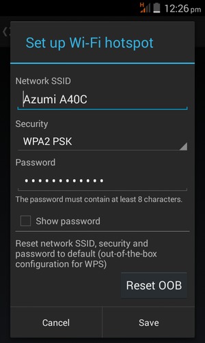 Enter a Wi-Fi hotspot password of at least 8 characters and select Save