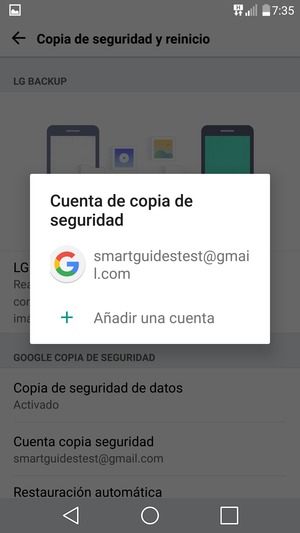 Seleccione su cuenta de copia de seguridad