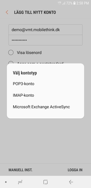 Välj POP3-konto eller IMAP-konto