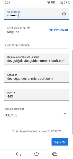 Introduzca Nombre de usuario y la dirección de servidor Exchange. Seleccione Siguiente