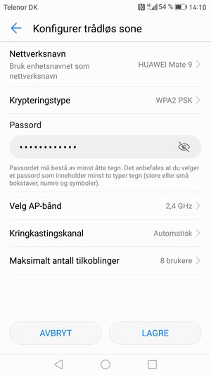 Skriv inn et Wi-Fi hotspot-passord på minst 8 tegn og velg LAGRE