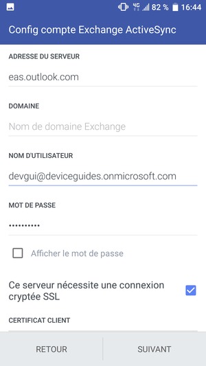 Saisissez l'adresse du serveur Exchange et le Nom d'utilisateur. Sélectionnez SUIVANT