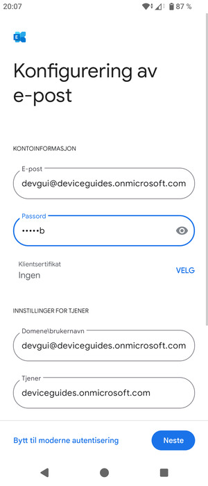 Skriv inn Brukernavn og Exchange serveradresse. Velg Neste