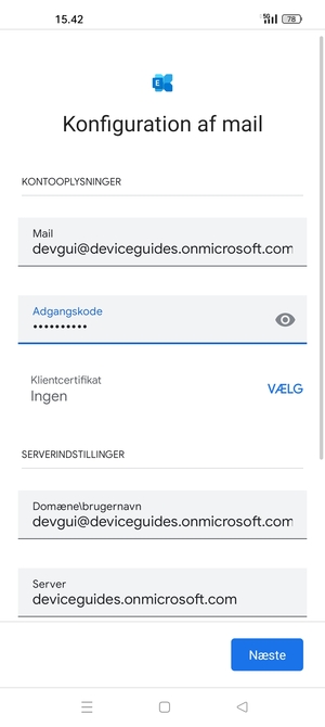Indtast Brugernavn og Exchange serveradresse. Vælg Næste