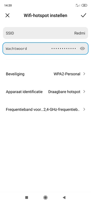 Voer een wachtwoord van een WiFi-hotspot in van ten minste 8 tekens en selecteer OPSLAAN
