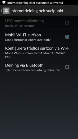 Din telefon har nu ställts in för att kunna användas som ett modem