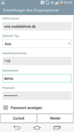 Geben Sie Eingang Server-Adresse und Nutzername ein. Wählen Sie Weiter
