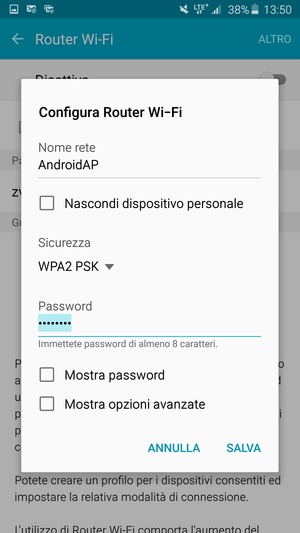 Inserisci una password di almeno 8 caratteri e seleziona SALVA