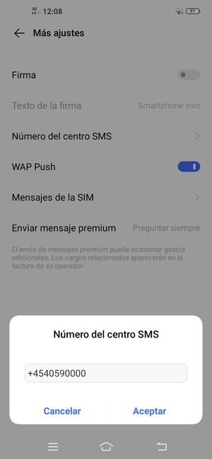 Introduzca el número de Número del centro SMS y seleccione Aceptar