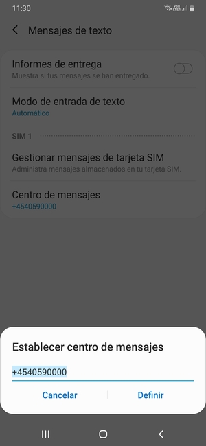 Introduzca el número de Centro de mensajes y seleccione Definir