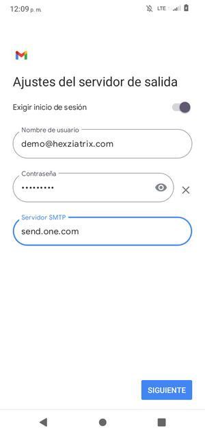 Introduzca la dirección de servidor saliente y seleccione SIGUENTE