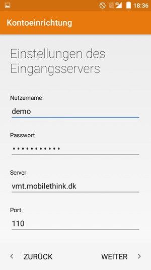 Geben Sie Nutzername und die Server-Adresse für eingehende Post ein. Wählen Sie WEITER