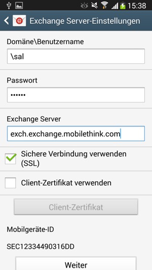 Geben Sie Benutzername und Exchange Server-Adresse ein. Wählen Sie Weiter