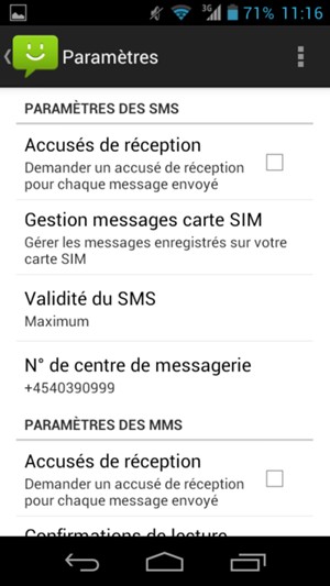 Sélectionnez Nº de centre de messagerie