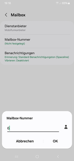Geben Sie die Mailbox-Nummer ein und wählen Sie OK
