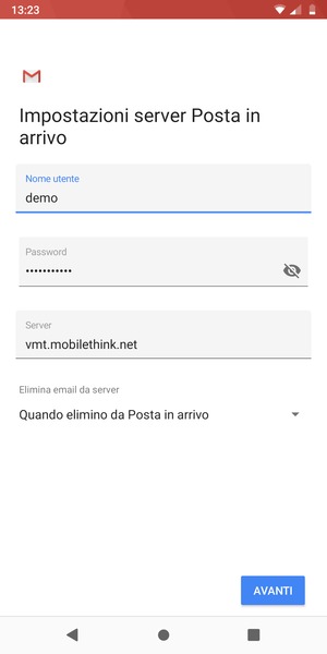 Inserisci Nome utente e l'indirizzo del server di posta in arrivo. Seleziona AVANTI