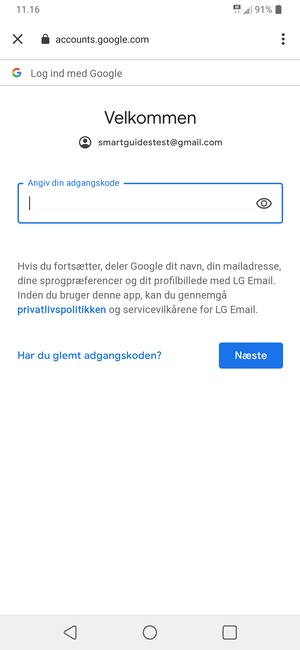 Indtast din adgangskode og vælg Næste