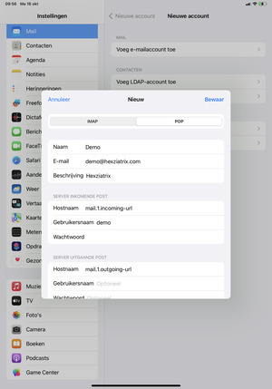 Selecteer POP of IMAP en voer e-mailgegevens voor SERVER INKOMENDE POST in