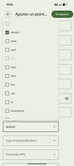 Assurez-vous que default est sélectionné