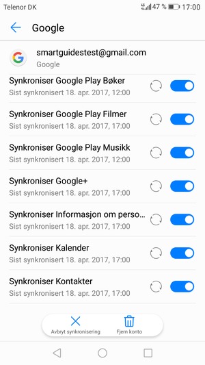 Dine kontakter fra Google vil synkroniseres til smarttelefonen din