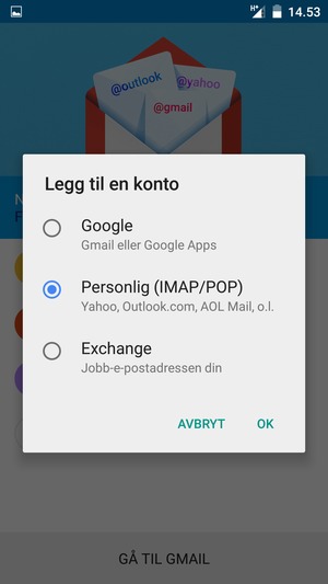 Velg Personlig (IMAP/POP) og OK