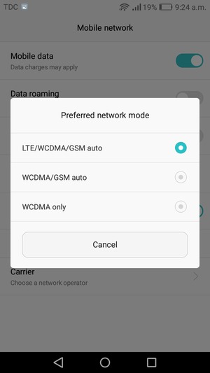 Select WCDMA/GSM auto to enable 3G and LTE/WCDMA/GSM auto to enable 4G