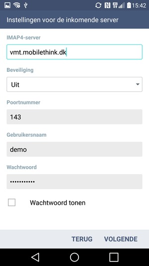 Voer Inkomende serveradres en Gebruikersnaam in. Selecteer VOLGENDE
