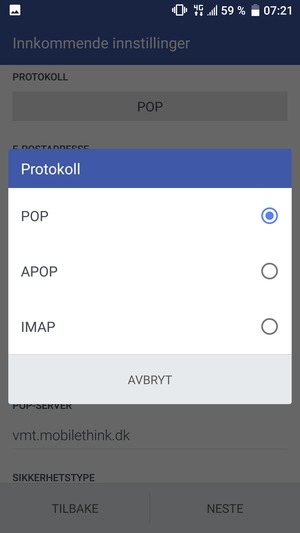 Velg POP eller IMAP