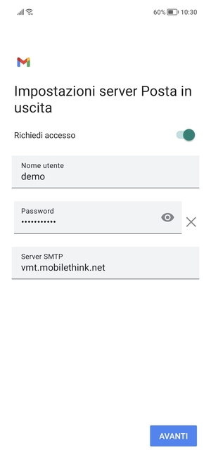 Inserisci l'indirizzo del server di posta in uscita