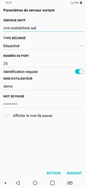 Saisissez l'adresse du serveur sortant