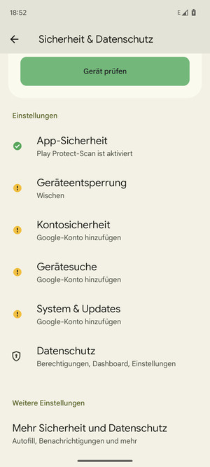 Scrollen Sie und wählen Sie Mehr Sicherheit und Datenschutz