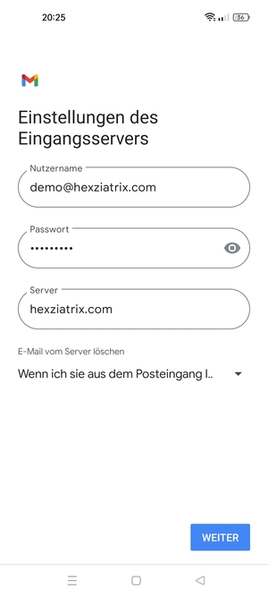 Geben Sie Benutzername und die Server-Adresse für eingehende Post ein. Wählen Sie WEITER