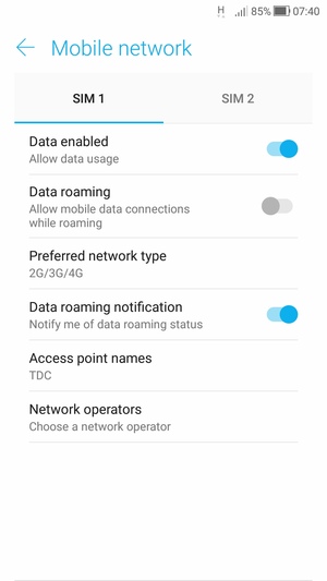 Select SIM 1 or SIM 2 and select Access point names