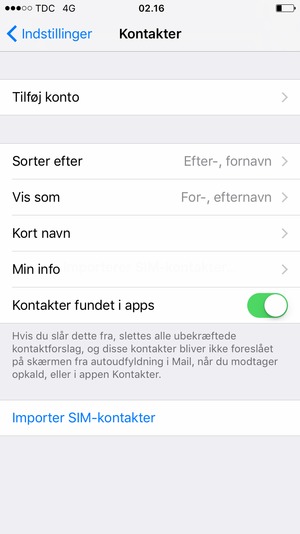 Scroll til og vælg Importer SIM-kontakter