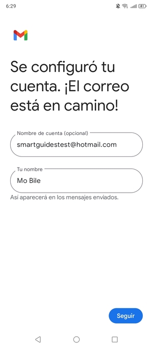 Déle a su cuenta un Nombre y escriba Su nombre. Seleccione Seguir