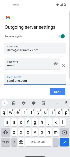 Enter Outgoing server address and select NEXT