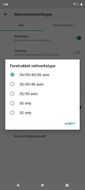 Velg ønsket alternativ