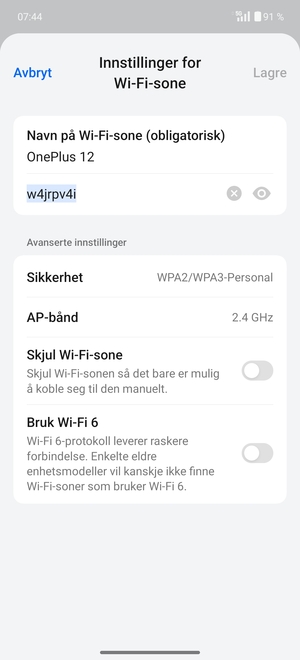 Skriv inn et Wi-Fi hotspot-passord på minst 8 tegn og velg Lagre