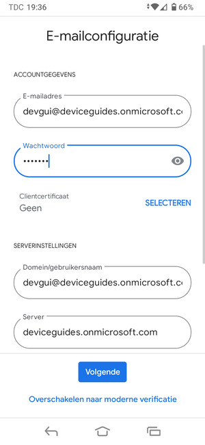 Voer Gebruikersnaam en Exchange serveradres in. Selecteer Volgende
