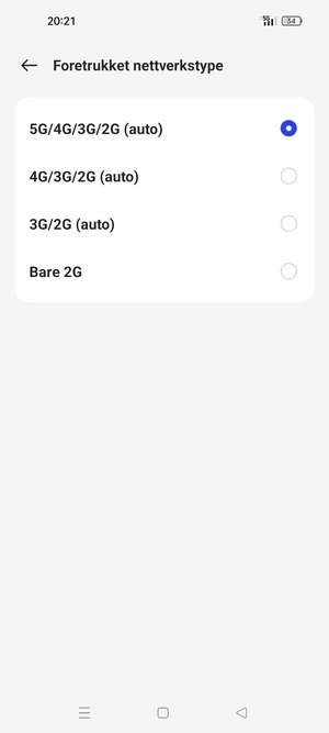 Velg ønsket alternativ