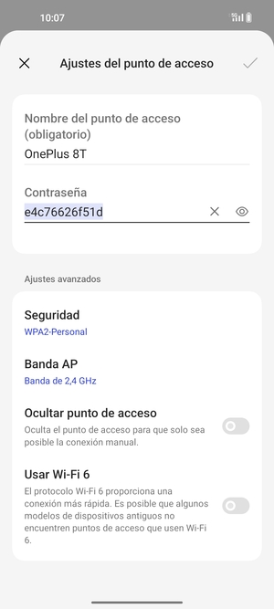 Introduzca una contraseña de punto de acceso Wi-Fi de al menos 8 caracteres y seleccione Aceptar