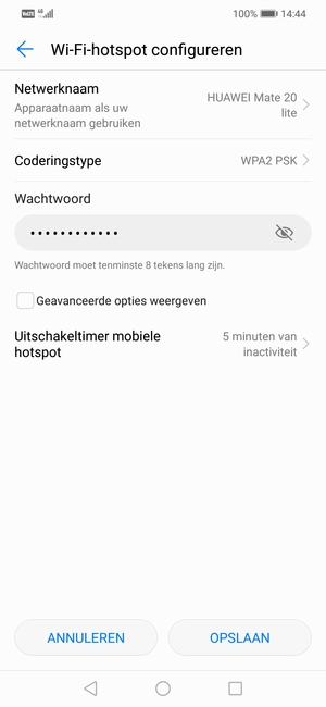 Voer een wachtwoord van een WiFi-hotspot in van ten minste 8 tekens en selecteer OPSLAAN