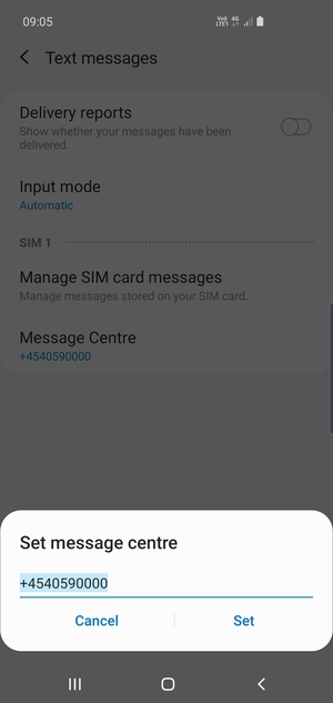 Enter the Message centre number and select Set