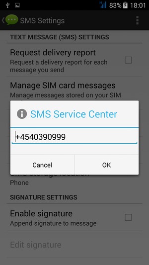 Enter the SMS Service Center number and select OK