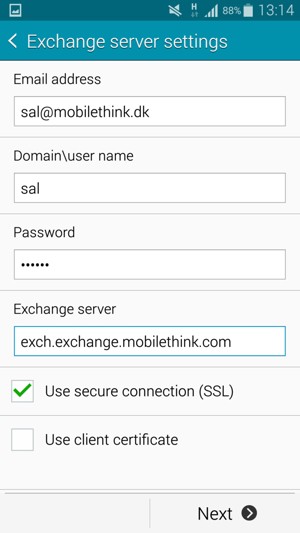 Enter Username and Exchange server address. Select Next