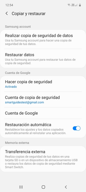 Seleccione Cuenta de copia de seguridad